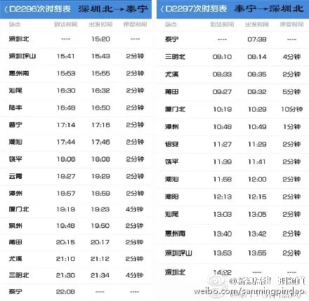 深圳北至泰宁D2296/D2297动车时刻表详情 经由厦门泉州