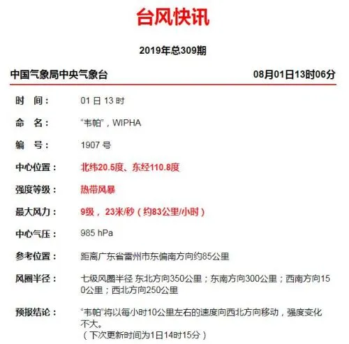 2019广东台风最新消息：第7号台风韦帕登陆时间地点更新