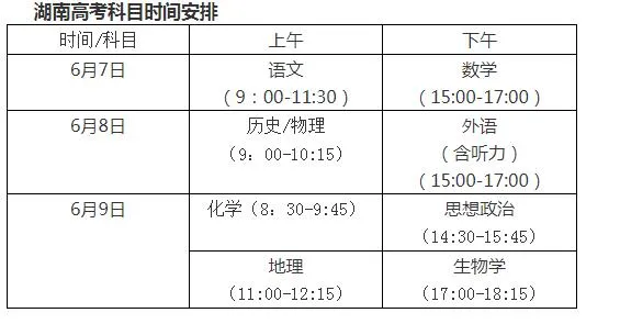 湖南高考时间2023年具体安排表 湖南高考考几天？高考科目及分值